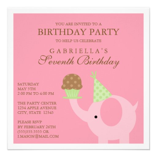 Square Pink Elephant Birthday Party Invitation