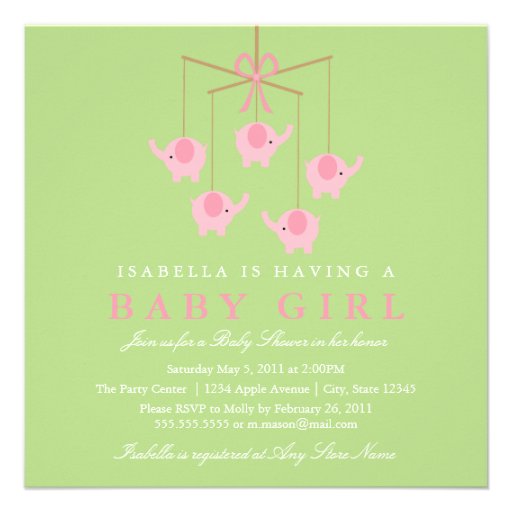 Square Pink Elephant Moblie Baby Shower Invitation