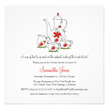 Square Tea Set Bridal Shower Invitations, Red