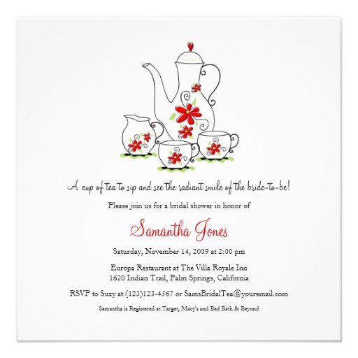 Square Tea Set Bridal Shower Invitations, Red