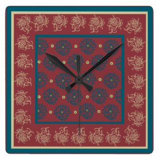 Square Wall Clock, Maroon, Blue Floral