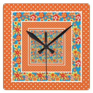Square Wall Clock, Orange Floral and Polka Dots