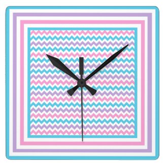 Square Wall Clock, Pink, Mauve, Turquoise Chevrons