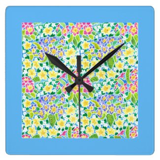 Square Wall Clock, Spring Primroses, Sky Blue