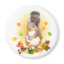Squirrel and Fall Leaves Fridge Magnets