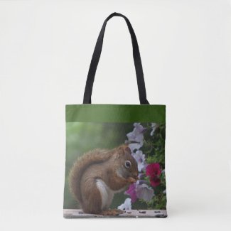 Squirrel and Petunia Garden Flowers Tote Bag