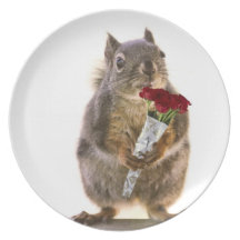 Squirrel Holding Red Rose Bouquet Dinner Plate
