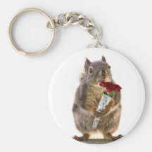 Squirrel Holding Red Rose Bouquet Keychains