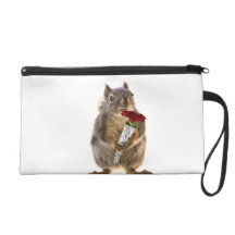 Squirrel Holding Red Rose Bouquet Wristlet Clutch
