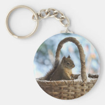 Squirrel in Snowy Basket in Winter Photo Keychains