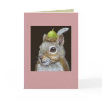 squirrel with acorn and feather hat on card