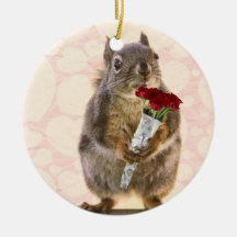Squirrel with Bouquet of Red Roses Christmas Ornaments