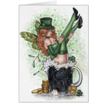 patrick, day, saint, green, clover, beer, shamrock, paddy, lucky, leprechaun, ireland, irish, guiness, coin, redhead, gold, piece, money, mug, stein, pinup, fairy, elf, fae, faeries, gothic, goth, woman, sexy, wings, painting, illustration, anime, manga, fantasy, art, zerick, delphine, levesque, demers, Card with custom graphic design