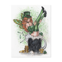 patrick, day, saint, green, clover, beer, shamrock, paddy, lucky, leprechaun, ireland, irish, guiness, coin, redhead, gold, piece, money, mug, stein, pinup, fairy, elf, fae, faeries, gothic, goth, woman, sexy, wings, painting, illustration, anime, manga, fantasy, art, zerick, delphine, levesque, demers, Postcard with custom graphic design
