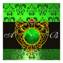 ST. PATRICK'S CELTIC HEART Green Damask Monogram Announcement