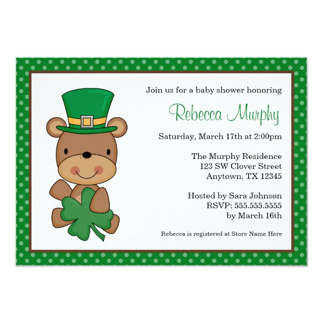 St. Patrick's Day Bear Clover Baby Shower 5x7 Paper Invitation Card