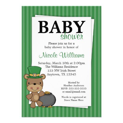 St. Patrick's Day Bear Pot Of Gold Baby Shower Card (front side)