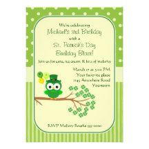 St. Patrick's Day Boy's Birthday Owl Personalized Invite