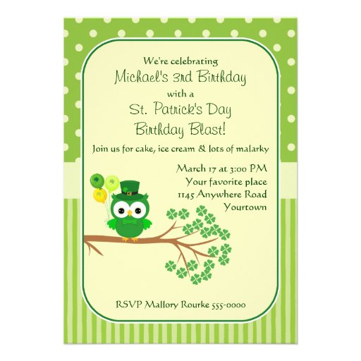 St. Patrick's Day Boy's Birthday Owl Personalized Invite (front side)