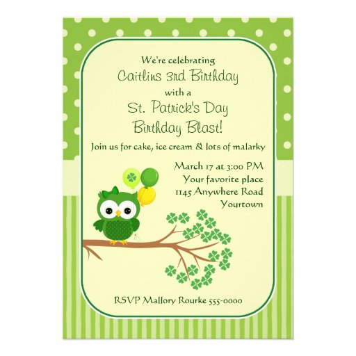 St. Patrick's Day Girl's Birthday Owl Invite (front side)