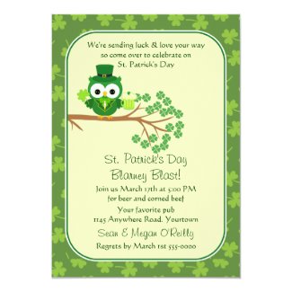 St Patricks Day Leprechaun Owl Party 5x7 Paper Invitation Card