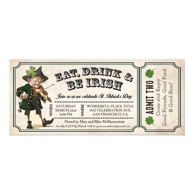 St. Patrick's Day Party Vintage Ticket Invitations (front side)