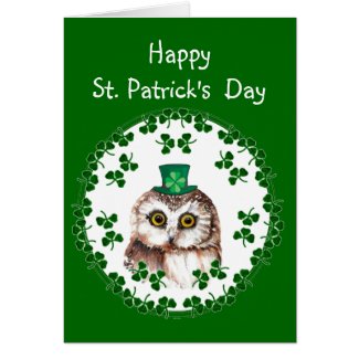 St. Patrick's Day Shamrock Cute Owl wisdom & Luck Greeting Card