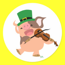 St Patrick's Day violinist pig round sticker