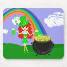 St Pat's Day Redhead Girl Leprechaun with Rainbow Mousepad