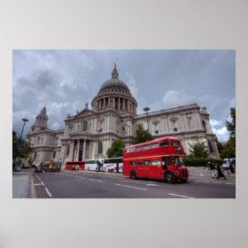 St Paul's Cathedral London England and red bus Poster