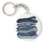 Stack of blue jeans key chains