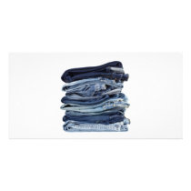 Stack of blue jeans picture card