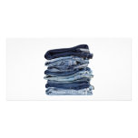 Stack of blue jeans picture card