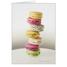 Stack of vibrant macaroons greeting card