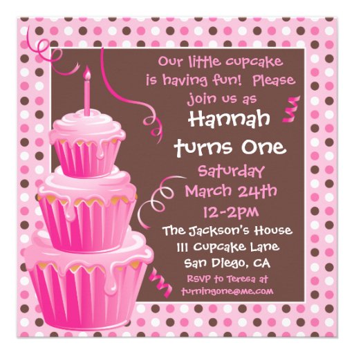 Stacked Cupcakes 1st Birthday Party with polkadots Announcement (front side)