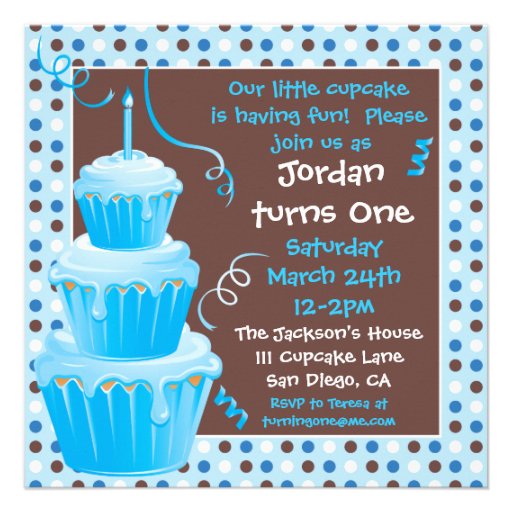 Stacked Cupcakes 1st Birthday Party with polkadots Personalized Invitation (front side)
