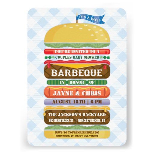 Stacked Hamburger Boy Baby Shower Barbecue Personalized Announcements