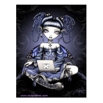 myka, jelina, stacy, lap, top, faerie, fairie, fairy, faery, fae, emo, traditional, tatttoos, book, ipod, bat, wings, gothic, angel, tattoo, teal, purple, magical, guardian, butterfly, mixed media, Cartão postal com design gráfico personalizado