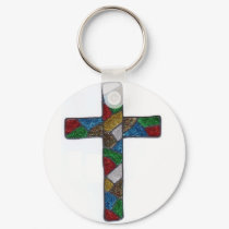 stained glass sparkle look cross keychain