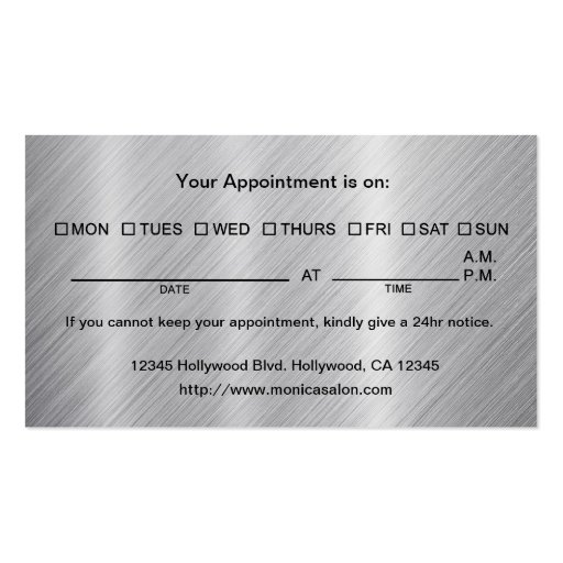 Stainless Steel Beauty Salon w/ Appointment Date Business Card Template (back side)