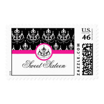 stamp sweet sixteen black pink damask chic classy
