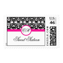 stamp sweet sixteen black pink damask chic classy