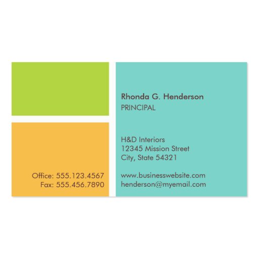 Standard modern color block turquoise professional business card (front side)