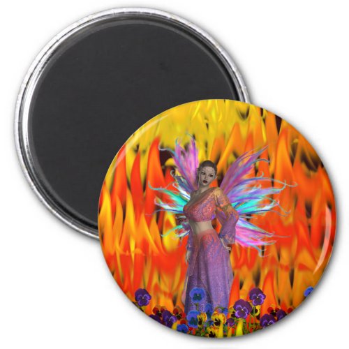 Standing Fairy in a field of flames with flowers magnet