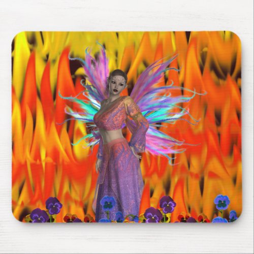 Standing Fairy in a field of flames with flowers mousepad