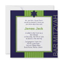 Star of David Bar Mitzvah - green & blue ribbon Personalized Invitation