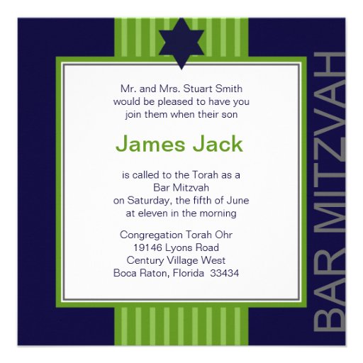 Star of David Bar Mitzvah - green & blue ribbon Personalized Invitation (front side)