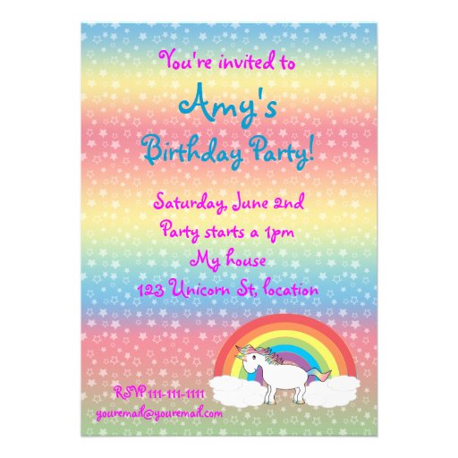 Star unicorn on rainbow birthday invitation