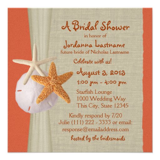 Starfish and Burlap Look Bridal Shower Custom Announcements (front side)
