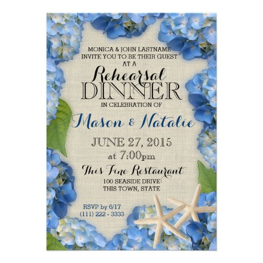 Starfish and Hydrangeas Beach Rehearsal Dinner Personalized Invites